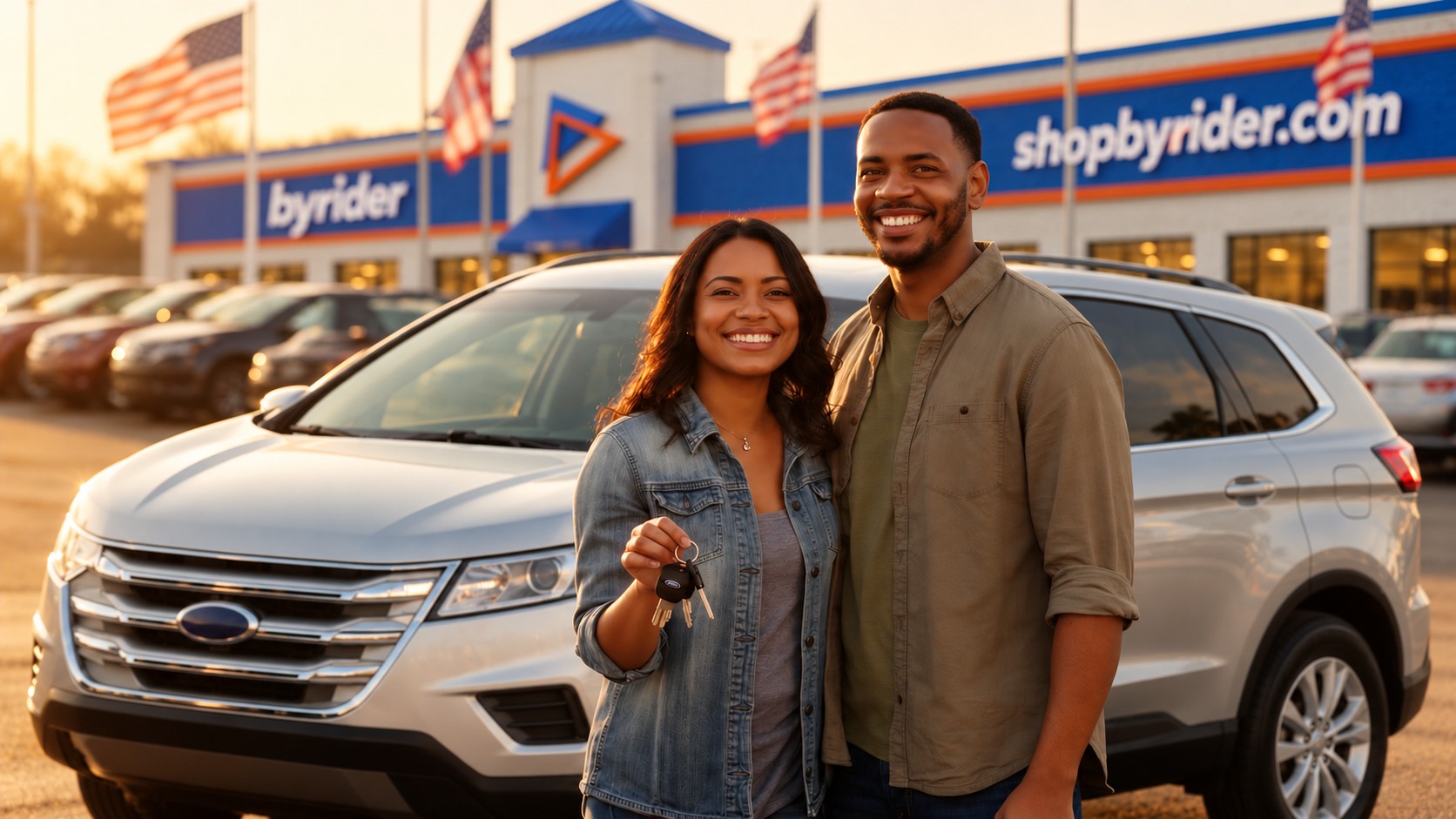 Smiling Ohio customers with their newly purchased Ford SUV outside a Byrider dealership