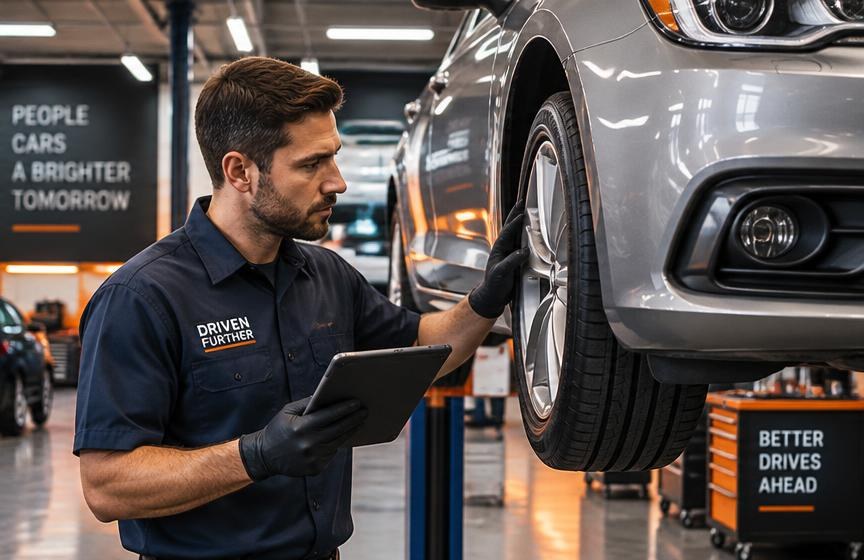Byrider technician inspecting a used car before sale
