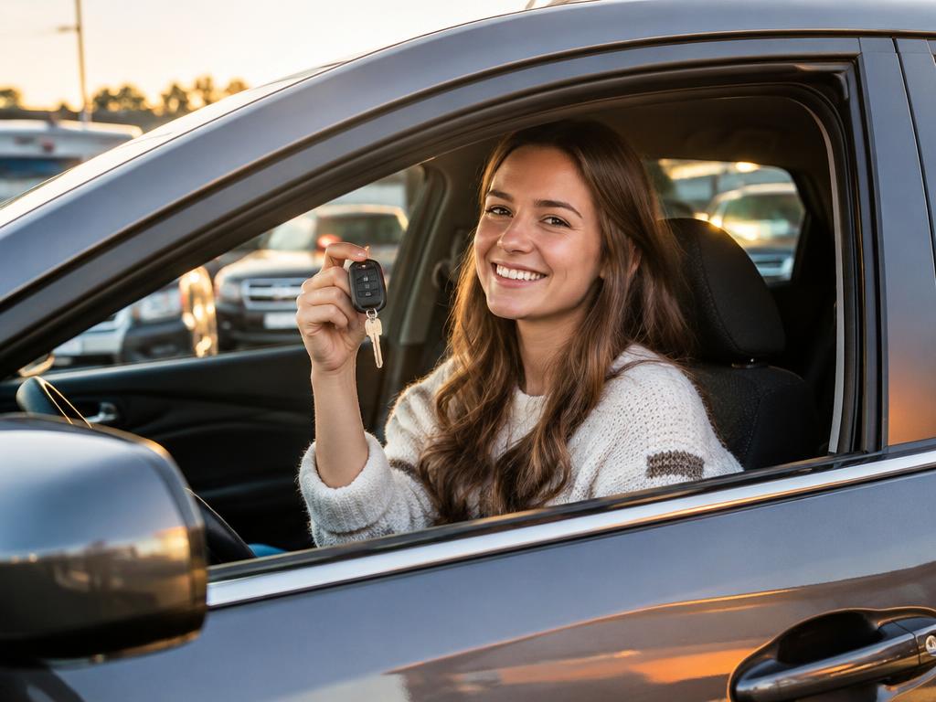 Happy Byrider customer holding the keys to her used car