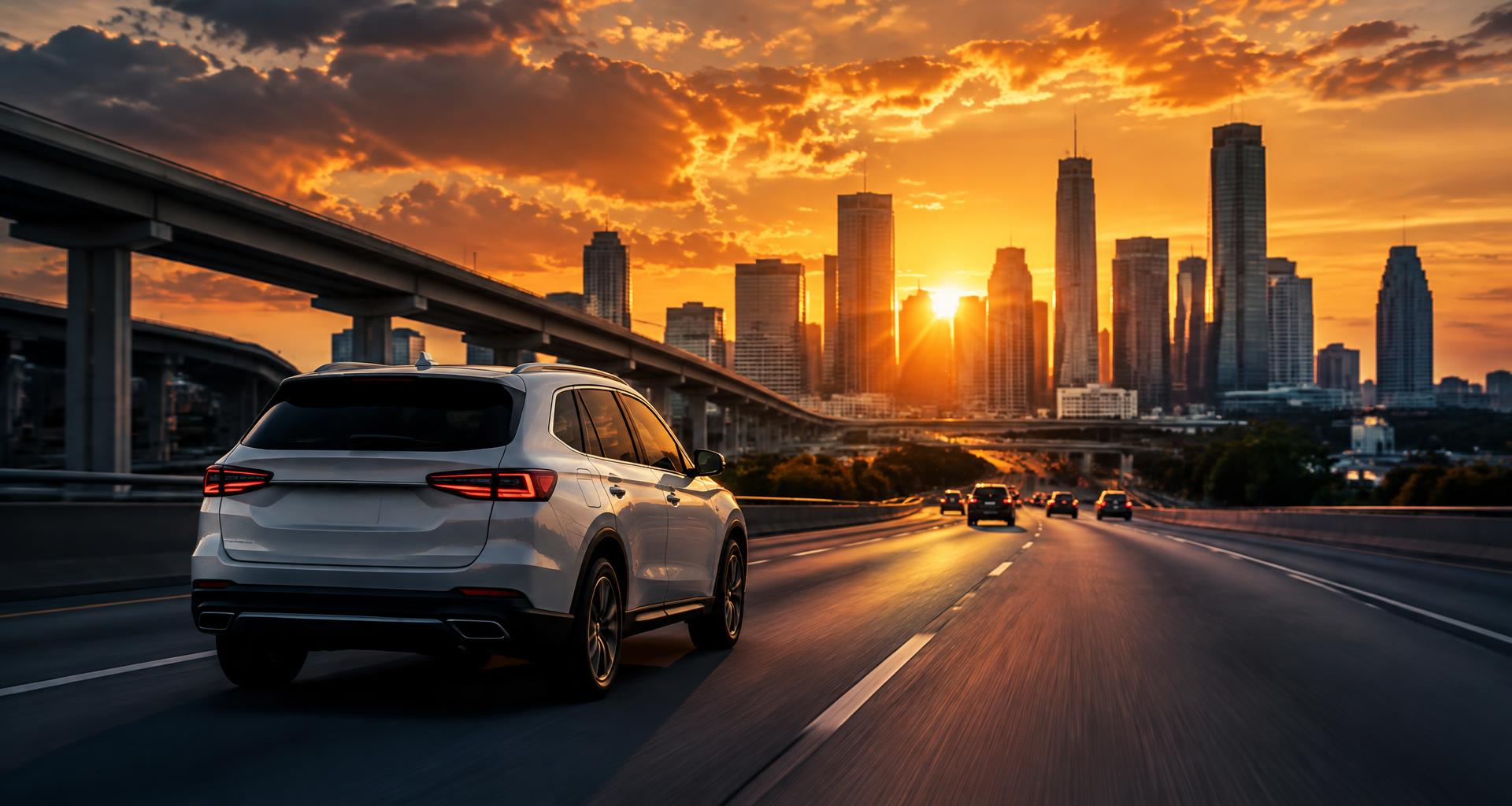 White SUV driving toward a city skyline at golden sunset